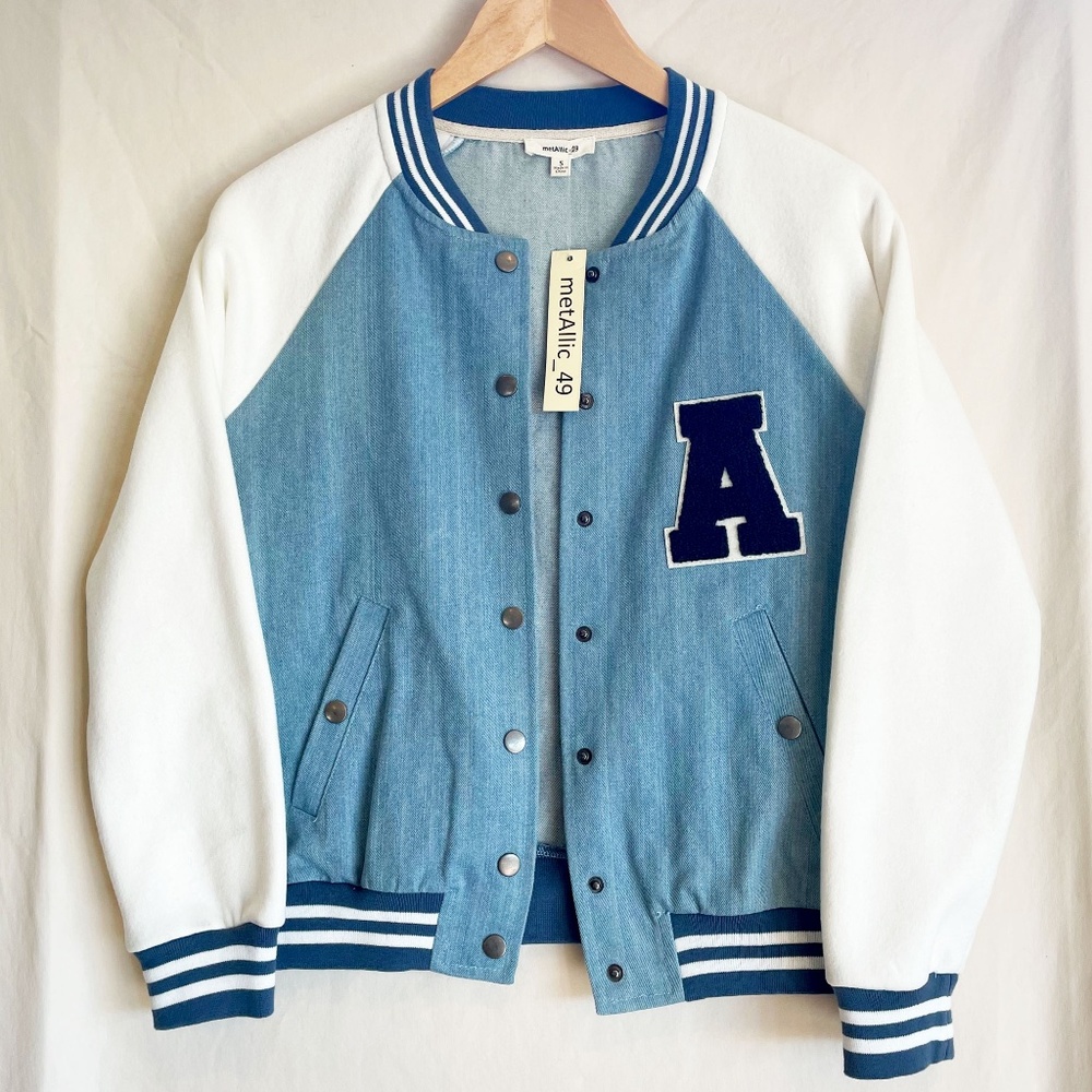 Blue and White Stripe Chambray Varsity Jacket